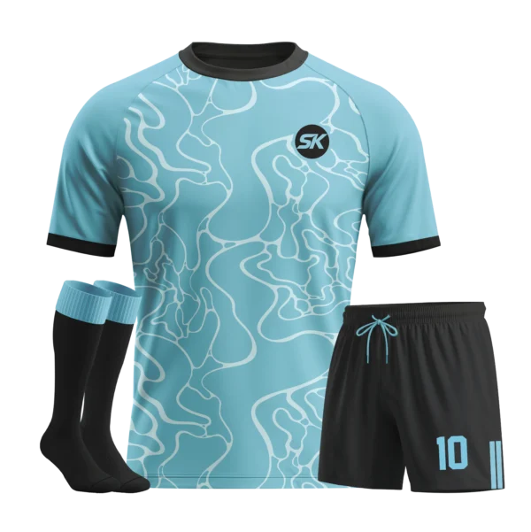Blue and white abstract topographic pattern custom football kit.