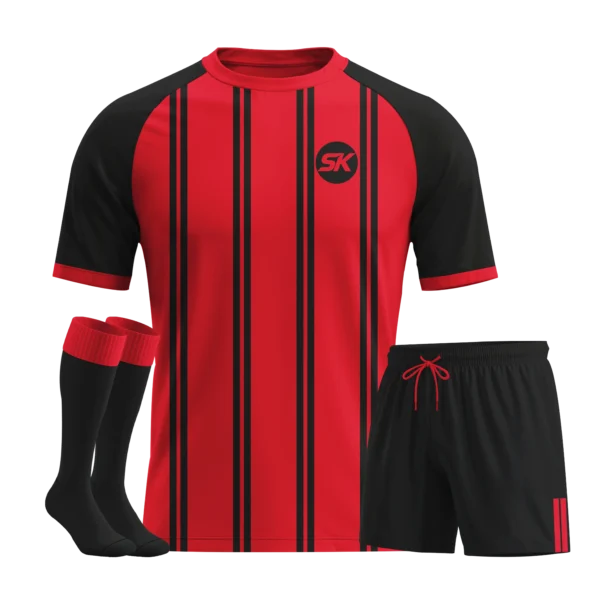 Red and black thick vertical stripe bespoke football kit.