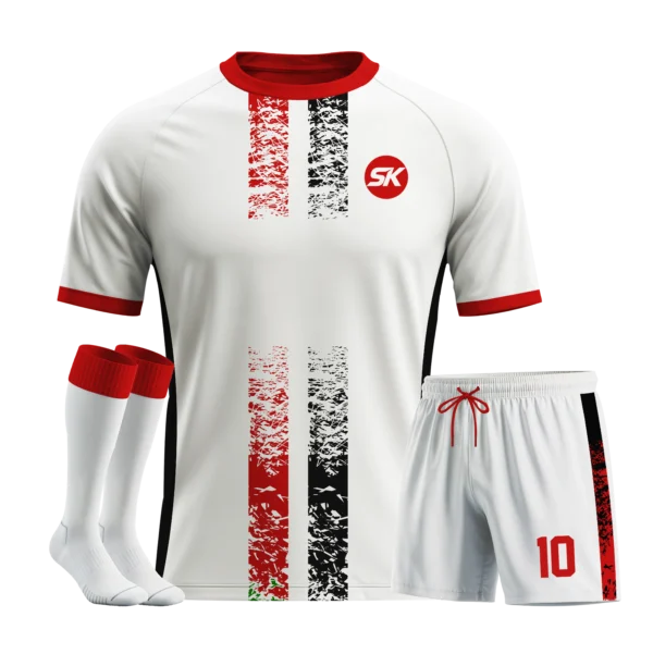 White and red central digital pixelated stripe football kit.