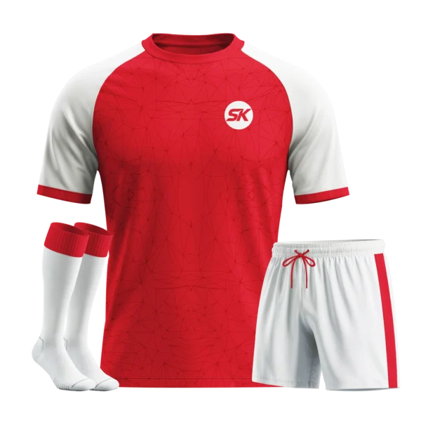 Traditional red and white raglan sleeve custom football kit.