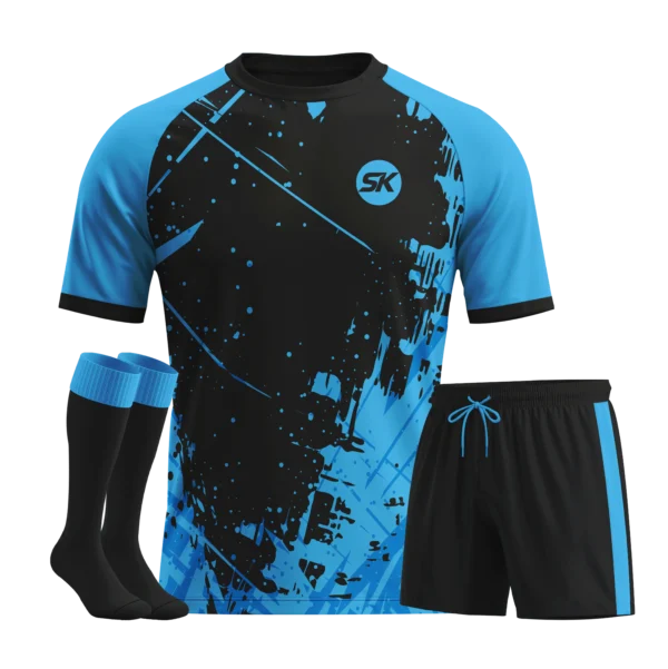 Blue and black lightning bolt pattern bespoke football kit.