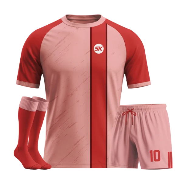 Pink and red modern vertical offset stripe football kit.