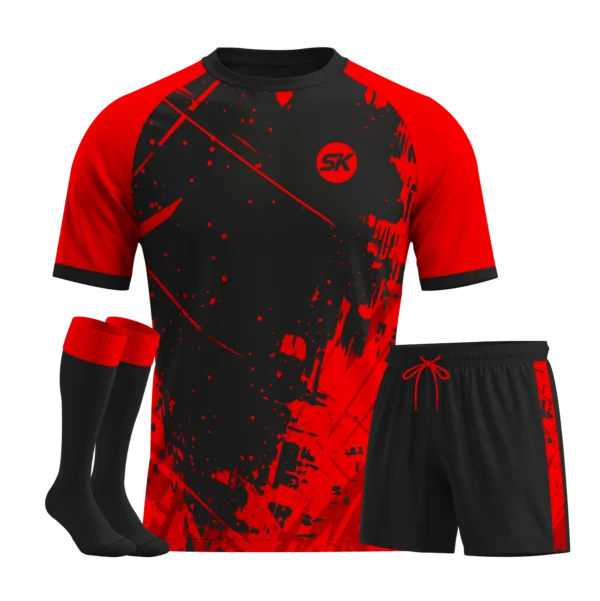 Red and black distressed splatter paint effect football jersey.