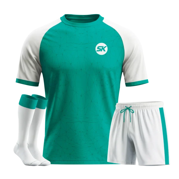 Vibrant teal and white bespoke football kit with matching socks.