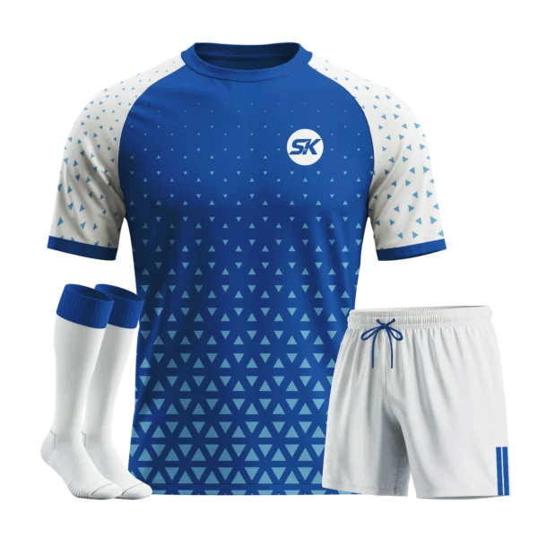 Blue and white geometric triangle fade custom football kit.