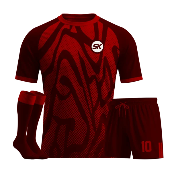 Maroon and red wavy vortex pattern bespoke football jersey.