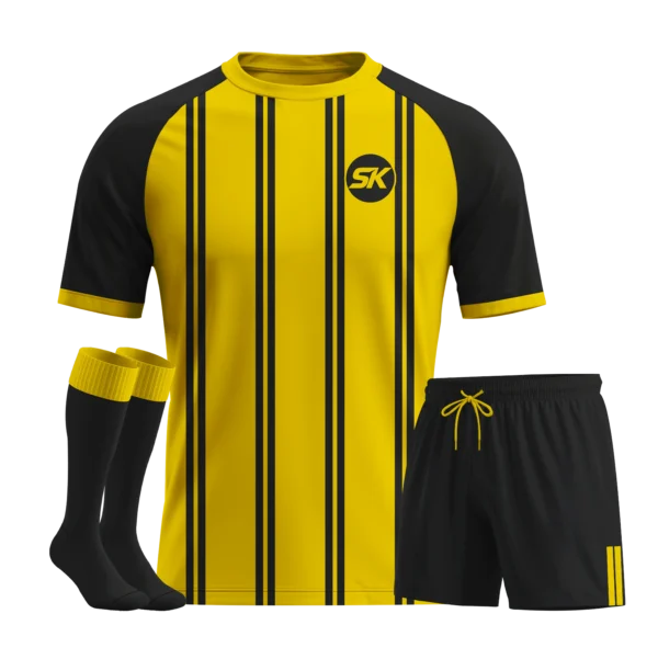 Yellow and black vertical pinstripe custom football kit.