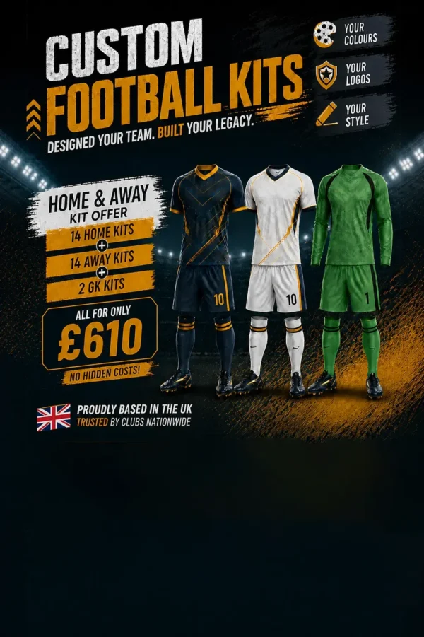 Bespoke football kit bundle for 30 players including 14 home kits, 14 away kits, and 2 goalkeeper sets for £610 with free UK delivery and custom design.