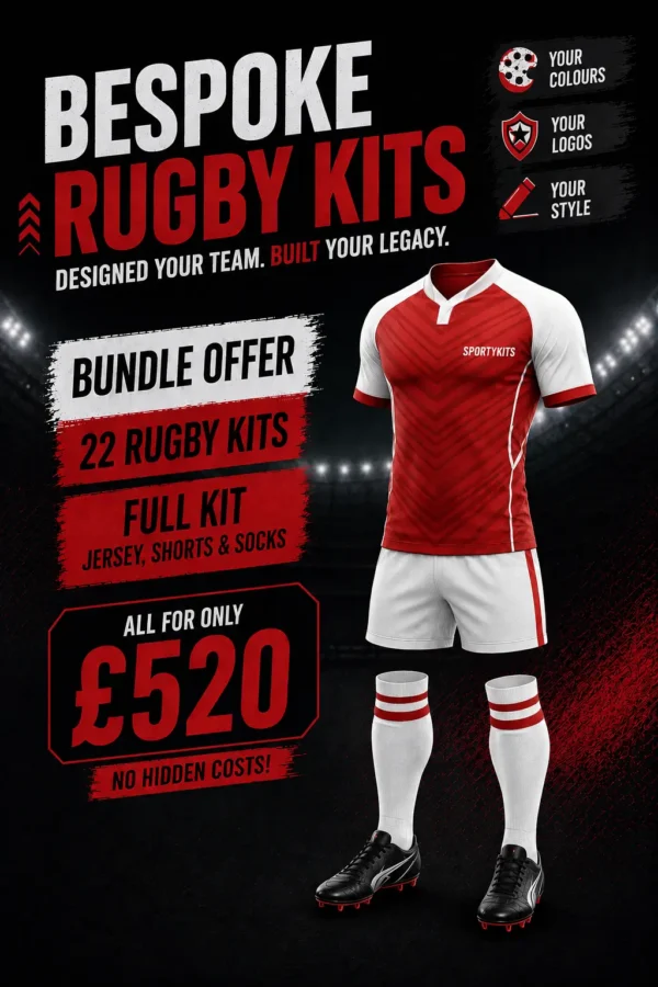 Custom rugby kit bundle offer: 22 full sets including sublimated jerseys, shorts, and socks for £520