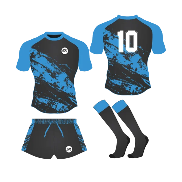 Custom sublimated rugby kit in blue and black crackle pattern with matching shorts and socks for UK clubs