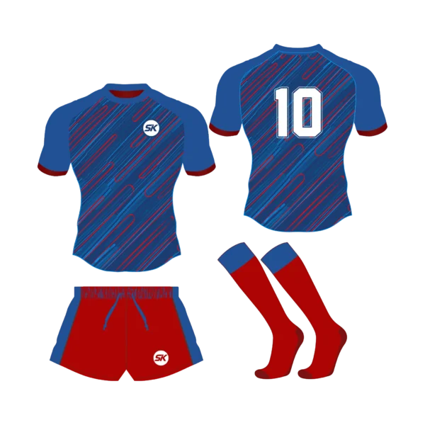 Custom sublimated rugby uniform in royal blue and dark red rain stripe pattern for UK academies