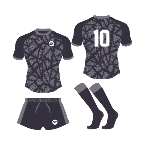 Custom sublimated charcoal grey and black abstract mosaic pattern rugby uniform kit for senior clubs.