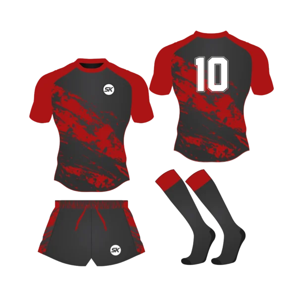 Custom sublimated crimson red and charcoal black marble pattern rugby uniform kit for senior and junior clubs