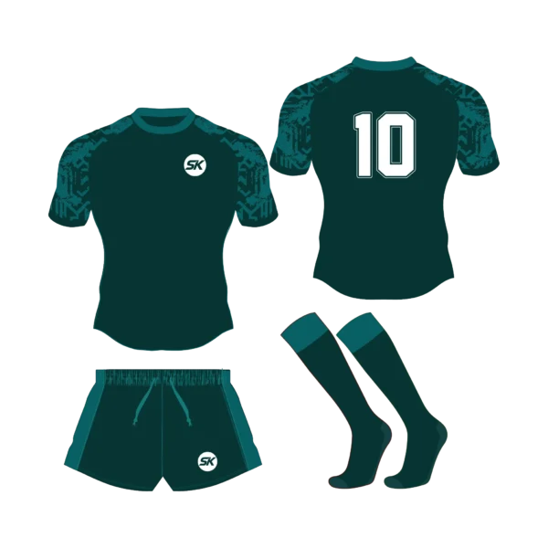 Custom sublimated rugby kit in deep emerald green with tech pattern shoulder graphics for UK leagues