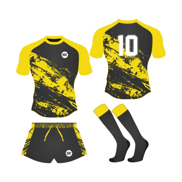 Custom sublimated gold and black marble pattern rugby uniform kit for senior and junior clubs.