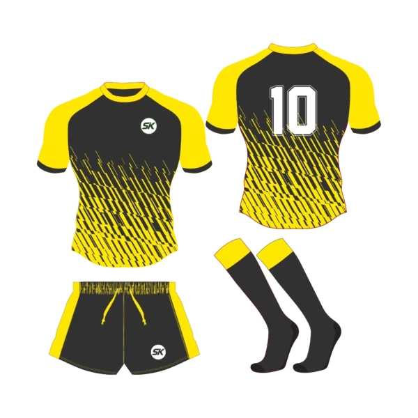 Custom sublimated rugby kit featuring a dynamic gold and black diagonal matrix slash pattern for UK academies