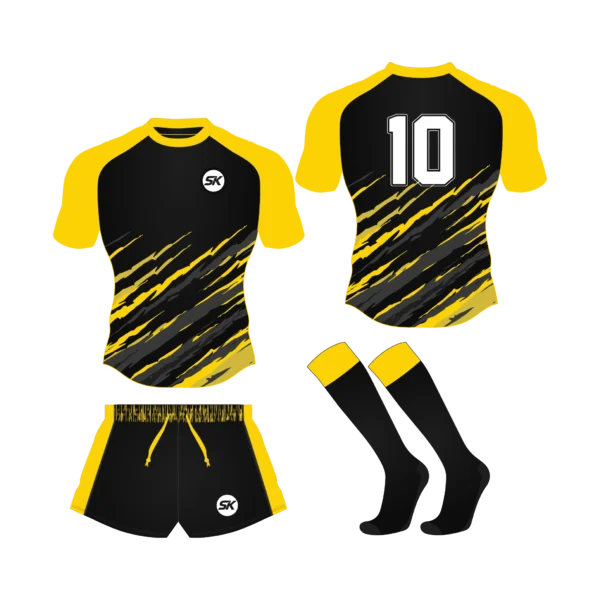 Custom sublimated rugby uniform featuring aggressive amber gold and deep black diagonal slash marks for UK clubs