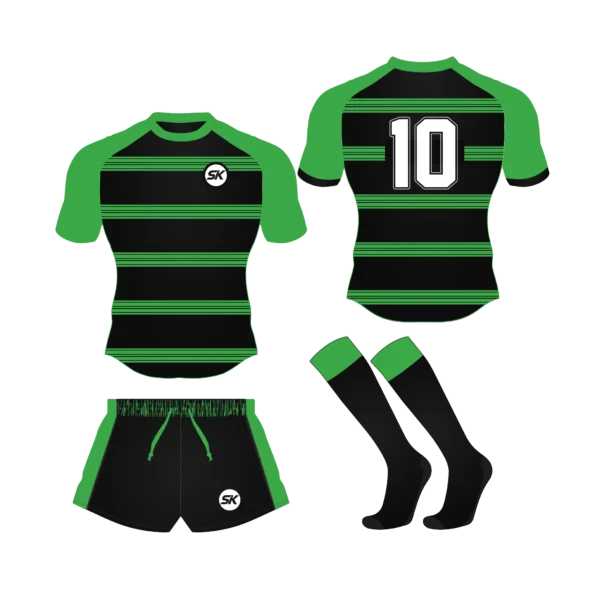 Custom sublimated rugby uniform featuring traditional green and black horizontal hoops for UK clubs