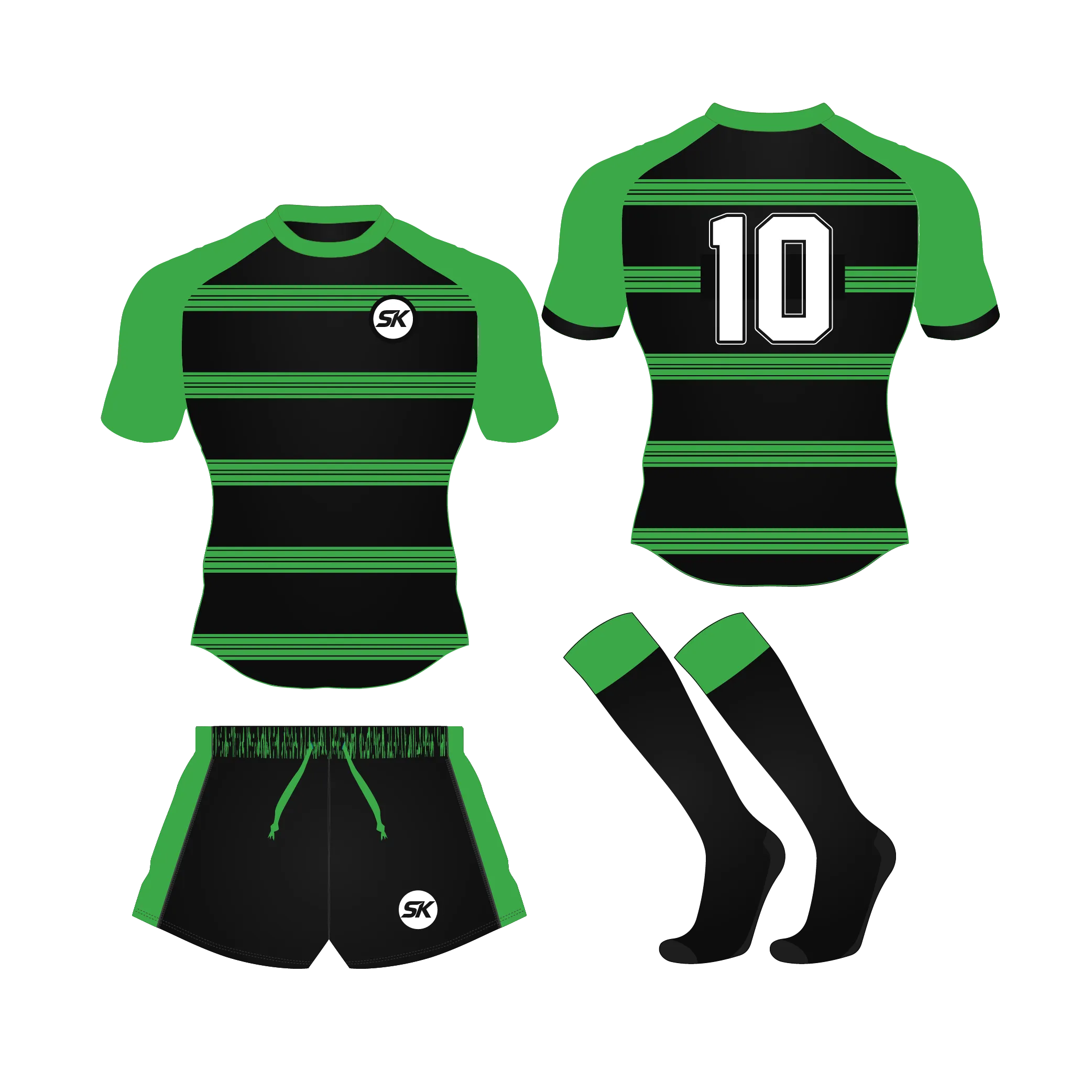Custom sublimated rugby uniform featuring traditional green and black horizontal hoops for UK clubs