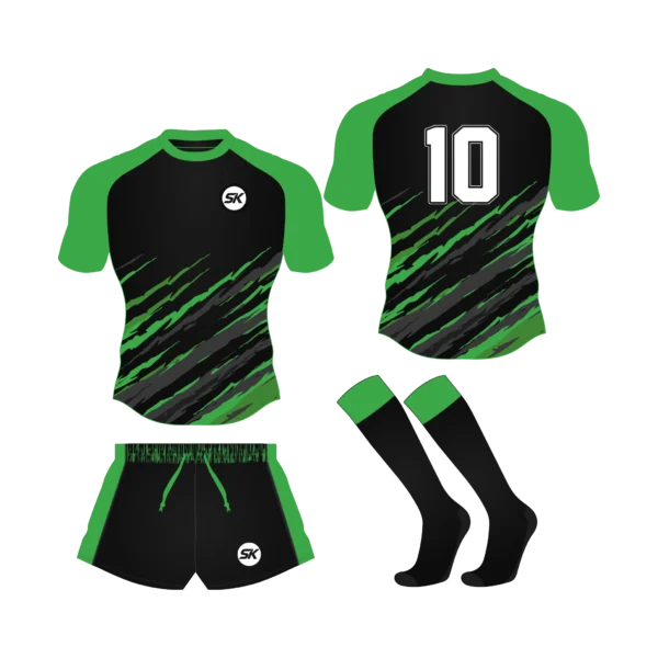 Custom sublimated rugby uniform featuring dynamic green, black, and grey diagonal slash marks for UK academies.