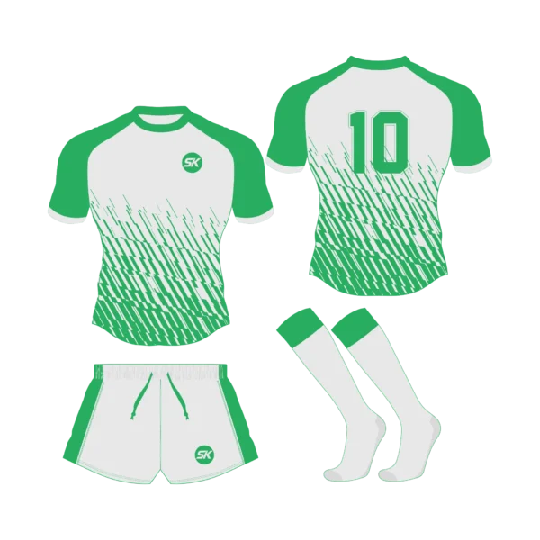 Custom sublimated green and white modern diagonal pattern rugby kit for UK sports schools and clubs