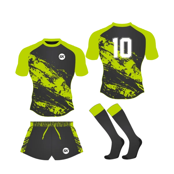 Custom sublimated rugby kit in high-visibility lime green and black crackle pattern with matching shorts and socks for UK clubs.