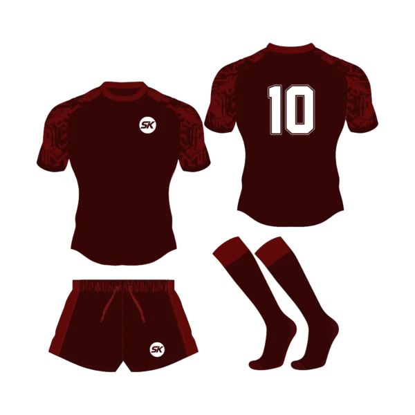 Custom sublimated maroon red rugby uniform with digital tech graphic sleeves for school and university teams.