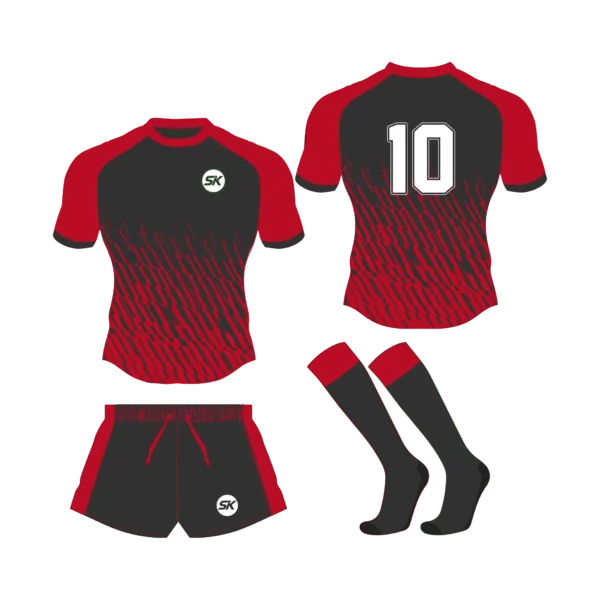 Custom sublimated red and black modern diagonal matrix pattern rugby kit for UK sports schools and leagues.