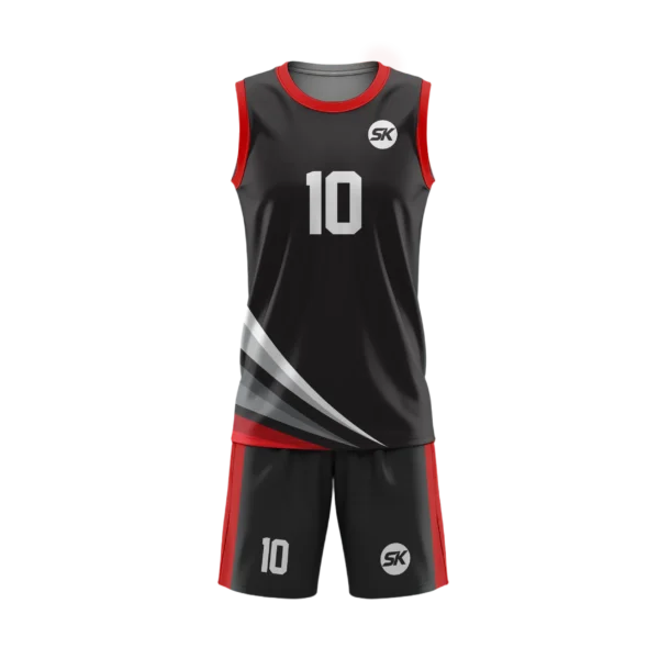 Bespoke Black, Red, White basketball kit featuring Apex Geometric design for UK teams