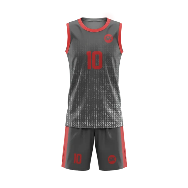 Bespoke Black, Grey, Red basketball kit featuring Digital Matrix design for UK teams.