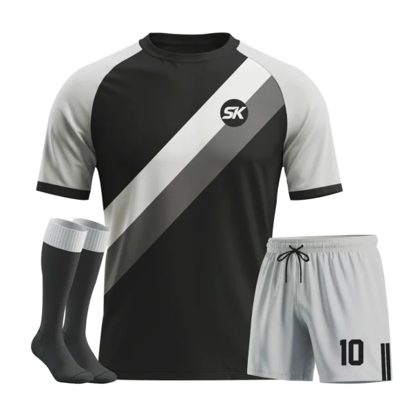 Grey and black diagonal sash custom football jersey with matching shorts.