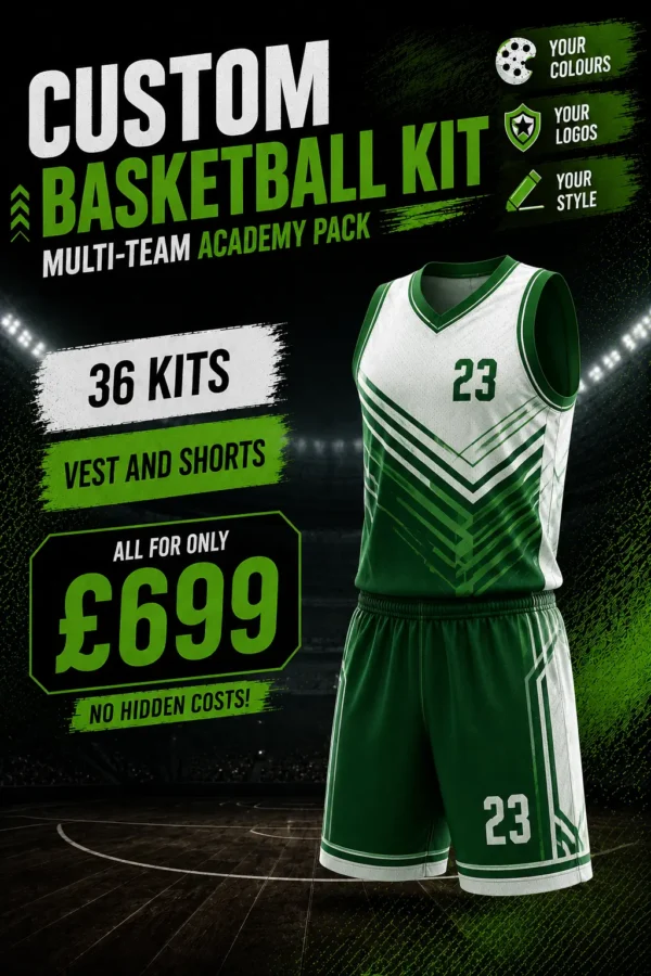 Bulk basketball kit order for academies including 36 full match kits and reversible training vests